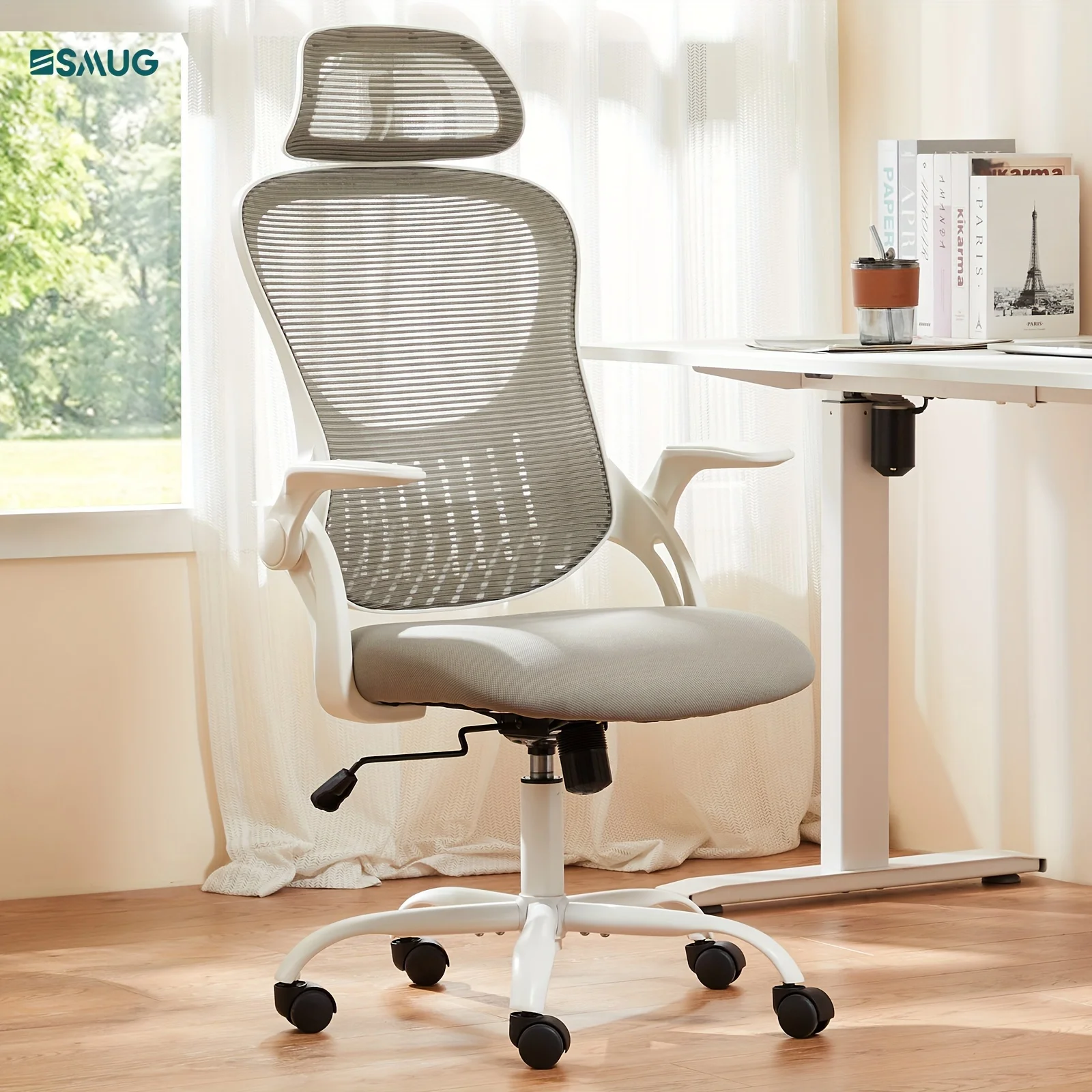 Ergonomic High Back Mesh Home Office Computer Chair, Rolling Desk Chair with Wheels, Adjustable Headrest, Lumbar Support & Flip-Up Arms for Bedroom Study