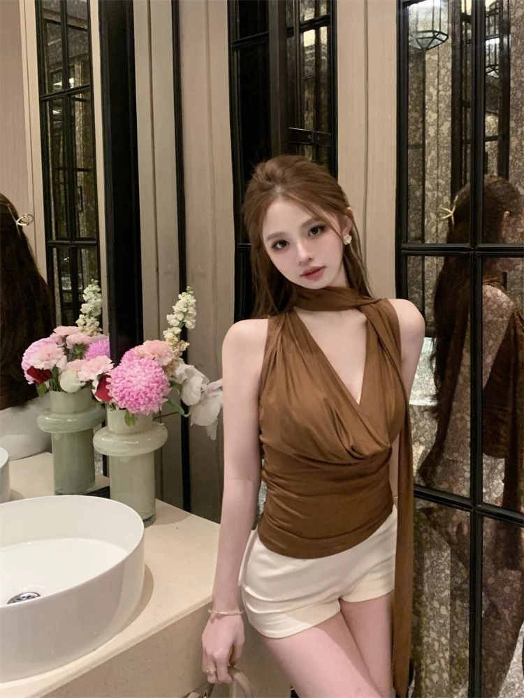 Women Summer French Style Draped Neck Sleeveless Cami Top Slim Fit Bodycon Vest Outerwear Chic Casual