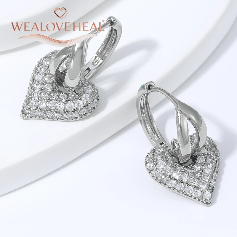 ohrringe, ohrringe damen, Rhodium-Plattierte Messing-Herz-Creolen für Damen mit Mikro-Pavé-Zirkonia für Tägliches Tragen, Valentinstag- und Geburtstagsgeschenk – Detail 19