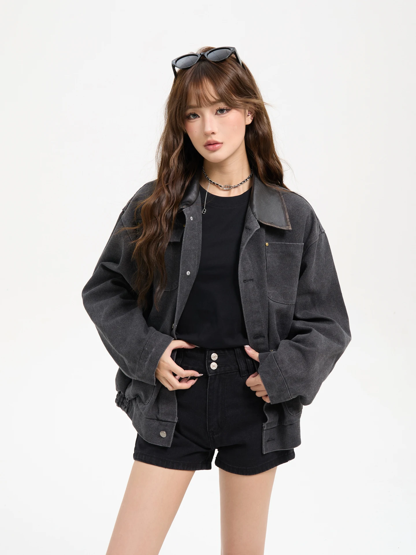 เสื้อแจ็คเก็ตหนัง PU สไตล์เรโทรอเมริกัน 7KEEWEN ทรงหลวม คอปกแบบเว้า  สำหรับคู่รัก  กันลม  แขนยาว