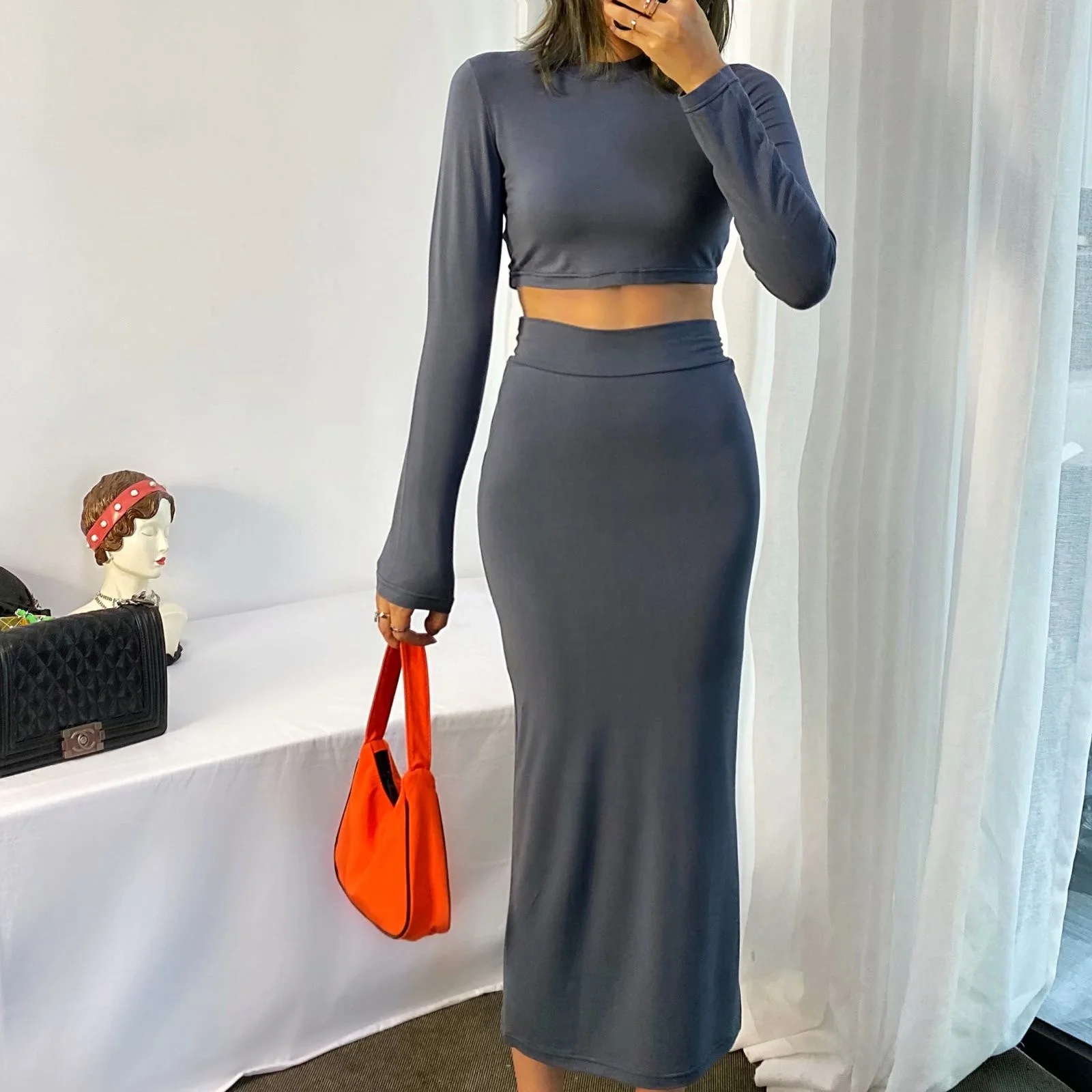 

Ins Sle Women's Sexy Crop Top Strap Vest Long Sve T irt High Waist Skirt Faion Set Casual Matching