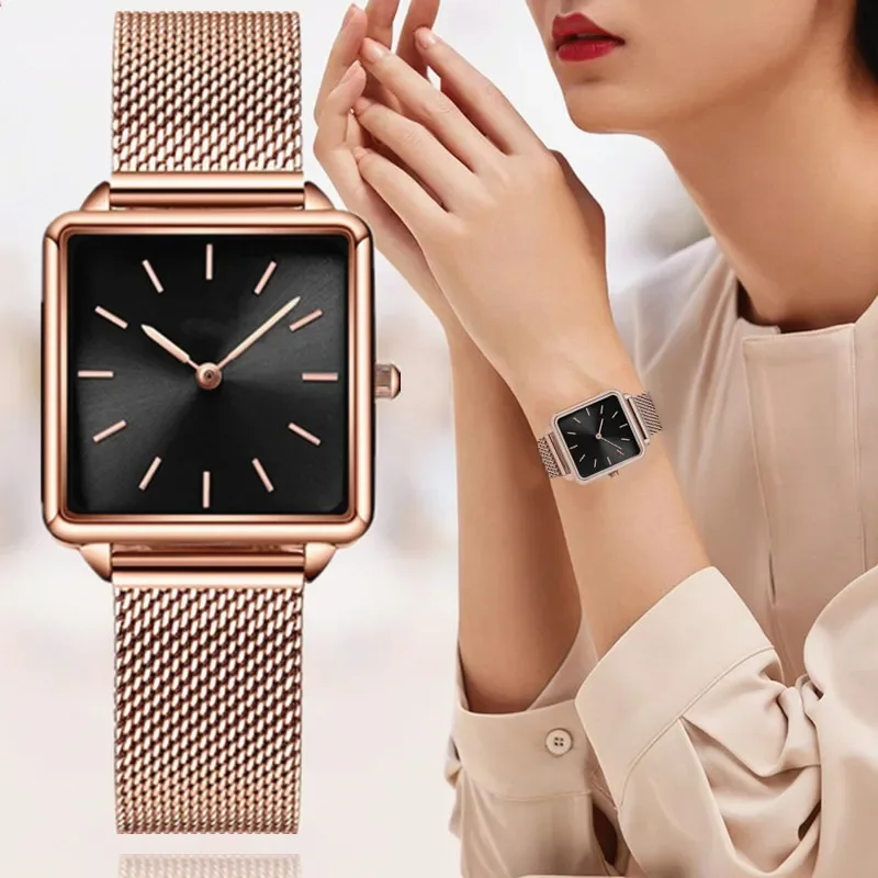 

Luxury Women Watches Rose Gold Simple Magnetic Mesh Belt Band Watch Women's Fashion Square Wristwatch Steel Leather Reloj Mujer