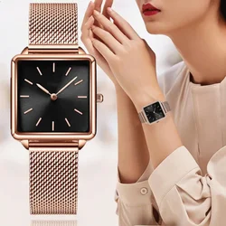 Luxury Women Watches Rose Gold Simple Magnetic Mesh Belt Band Watch Women's Fashion Square Wristwatch Steel Leather Reloj Mujer