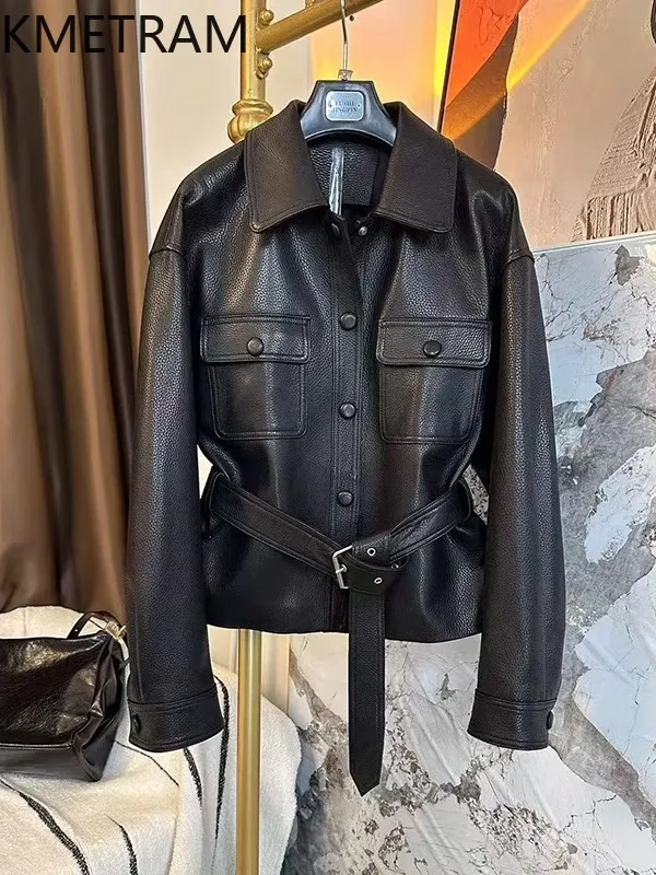 Kurtka damska ze skóry koziej 100%, czarna, motocyklowa, skórzana, nowa kolekcja odzieży wierzchniej na jesień 2025, Chaquetas