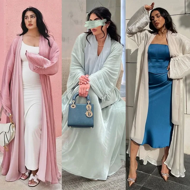 

2024 East Ramadan Satin Muslim Modest Dress Arab Women Open Abaya Dubai Islamic Long Sleeve Cardigan Clothing Turkey Plain Robe