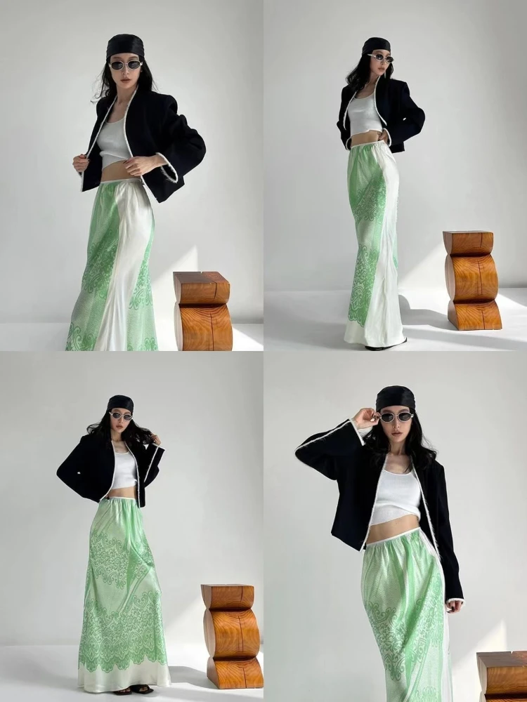 Korobov Green Print Draped Skirt Design New Chinese Style Slim Skirts for Woman Harajuku Streetwear Y2k Skirts Korean Faldas