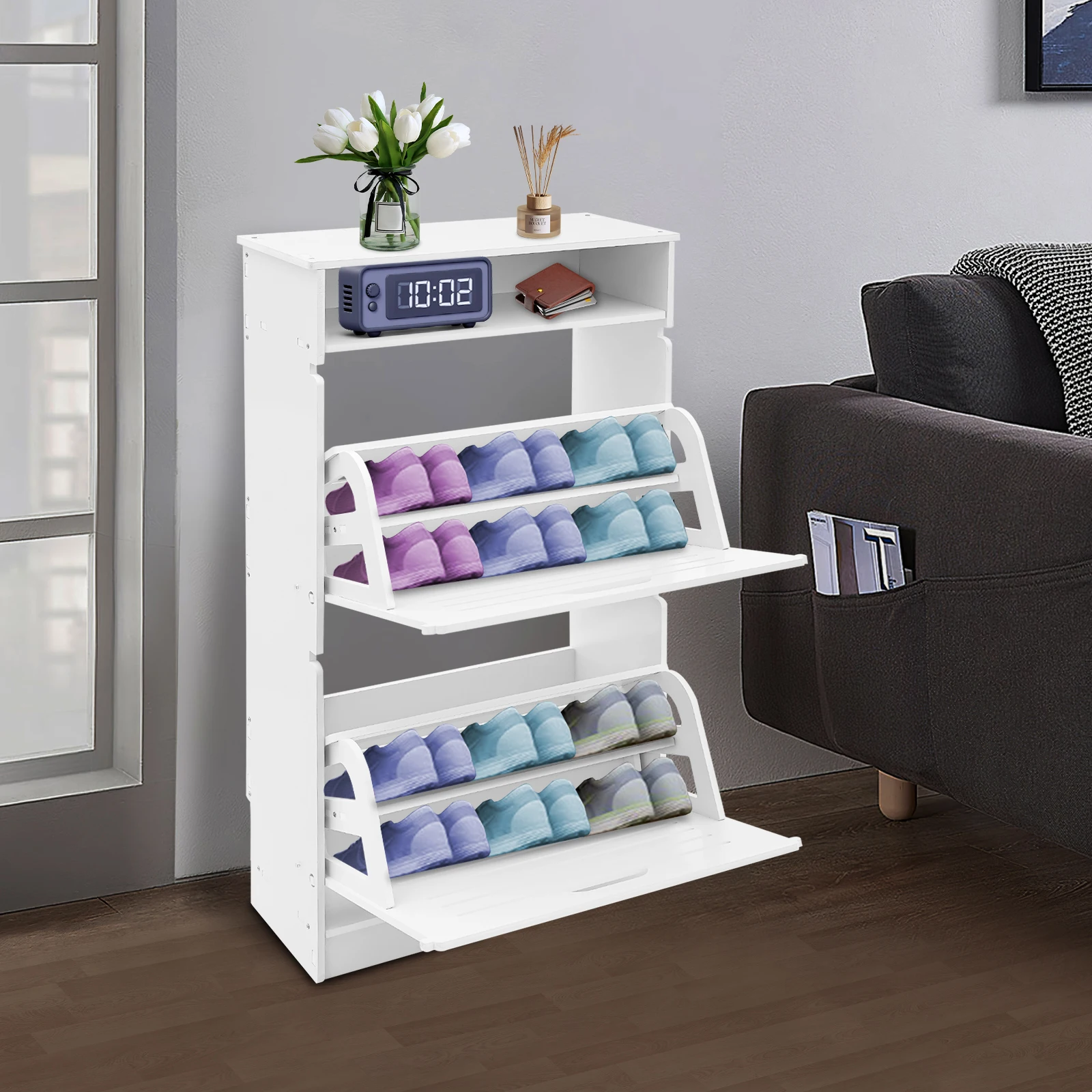 2-Drawer Flip Down Shoe Cabinet for Entryway for Entryway Storage with Two Hinged Drawers Modern Home Closet Furniture