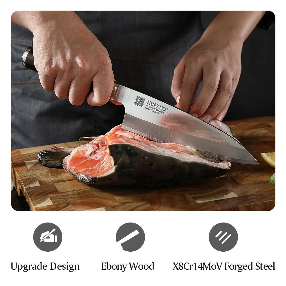 XINZUO 180mm Gyuto nóż z pochwą X8Cr14MoV kute stalowe 58 ± 2 HRC noże kuchenne japoński Deba nóż skarpetki bez palców heban Handl