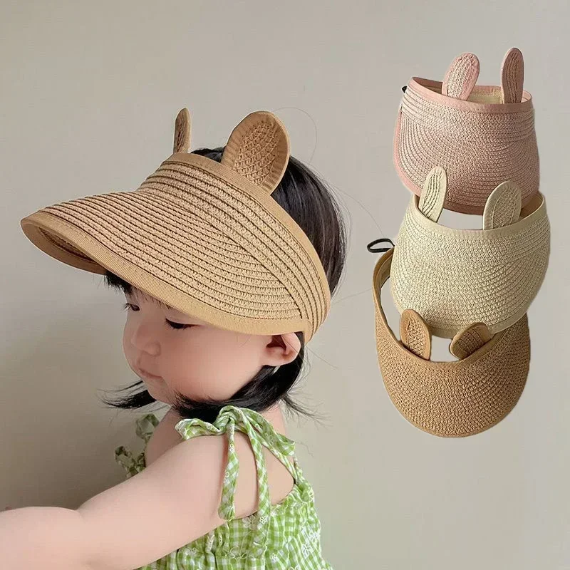 

Lovely Bear Ears Empty Top Hat Baby Straw Cap Children Long Brim Sun Visors Kids Adjustable Summer Beach Bonnet Boy Girl Props