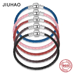 100% Genuine Blue Black Brown Leather Bracelets 925 Sterling Silver Women Weave Snake Charms Chain Jewelry Rope Bracelets Diy