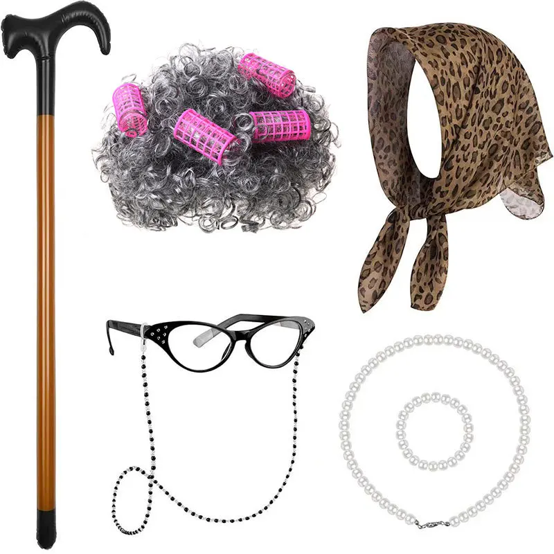مجموعة شعر مستعار للمرأة بعمر 100 يوم من مدرسة الهالوين COS Old Grandpa Grandma شعر مستعار عكازات الحجاب #5