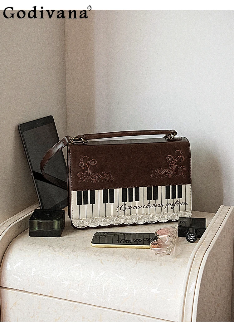 

2025 New Japanese Original Retro Artistic Piano Embroidery Lace Backpack Simple Commuting Casual Crossbody Bag for Women