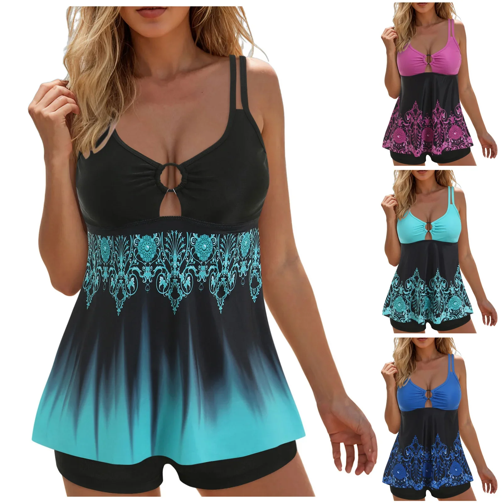 Mulheres shorts conjuntos de maiôs feminino vintage impressão com tiras volta tankini conjunto duas peças maiôs curtos para mulheres férias banho