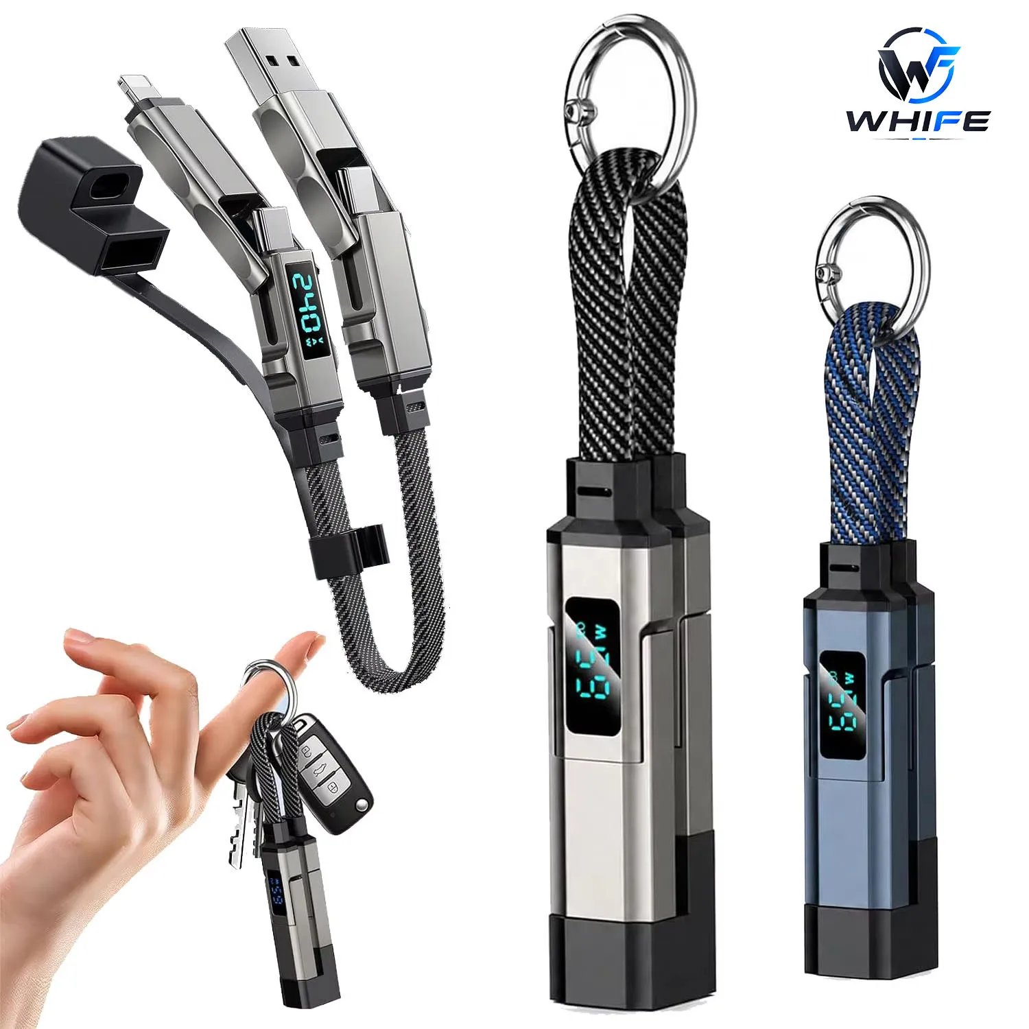 Image of 4-in-1 Ladekabel-Kombination Schlüsselanhänger Typ C/USB A/L Anschluss 240W Schnellladekabel mit V/A/W-Anzeige für iPhone/iPad