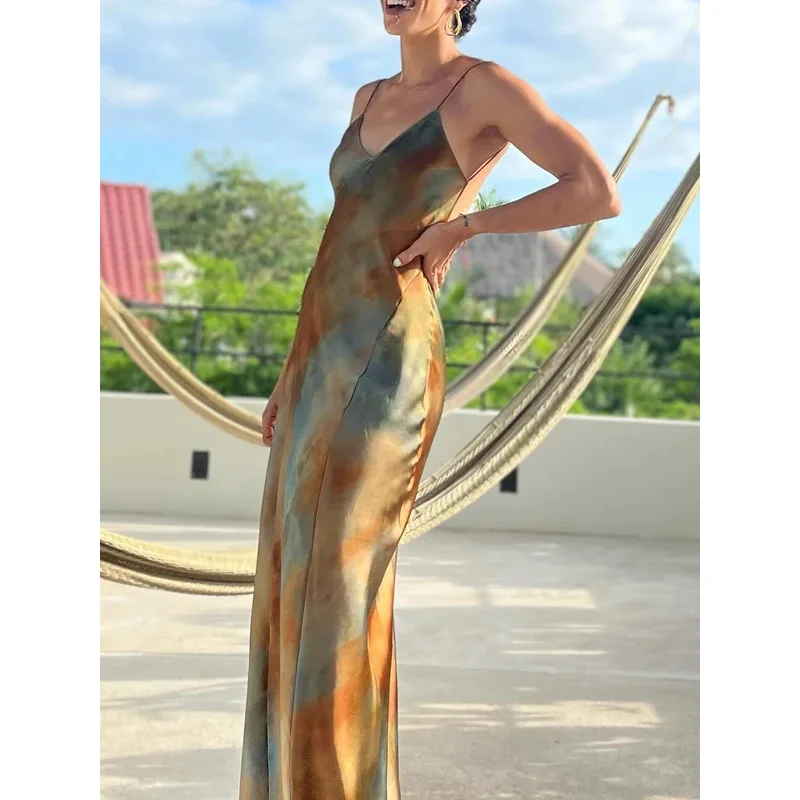Vestido largo Vintage de satén teñido anudado con cuello en V y tirantes sin espalda para mujer, vestido Sexy de fiesta de vacaciones de verano a la moda