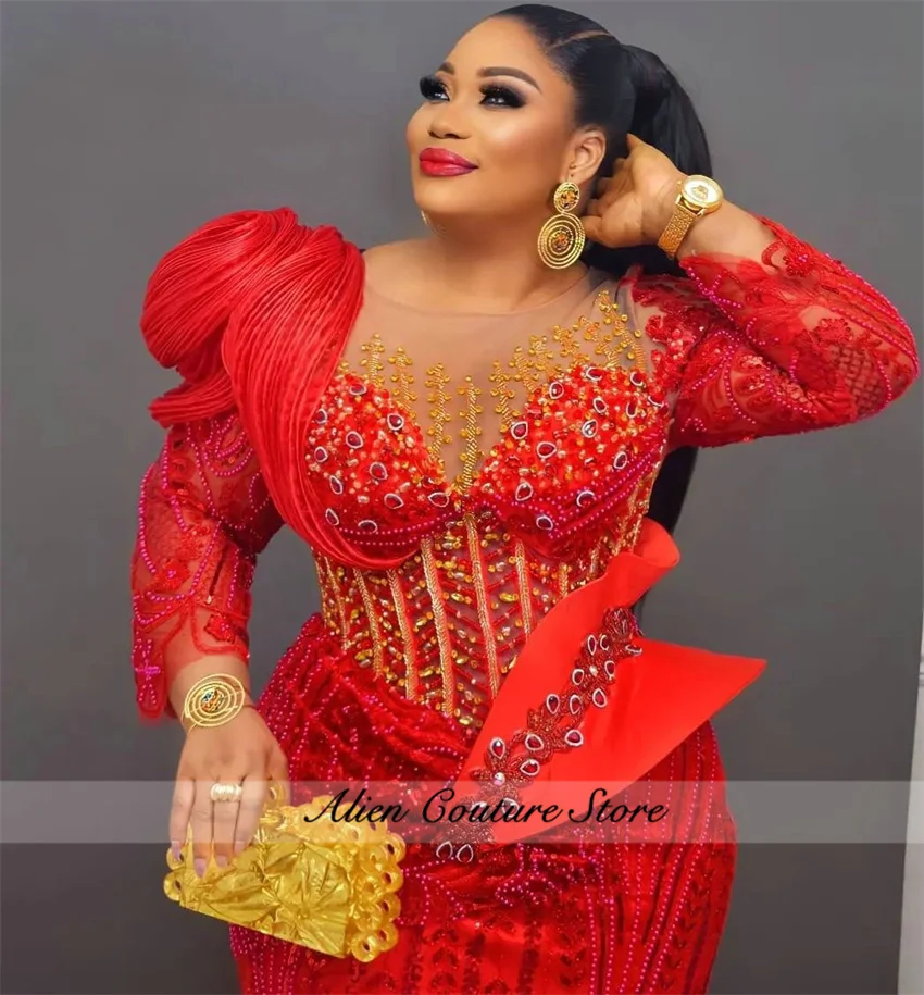 Vestido De noche De sirena rojo brillante, vestidos De fiesta De graduación De boda y cumpleaños con cuentas De cristal, batas Aso Ebi personalizadas
