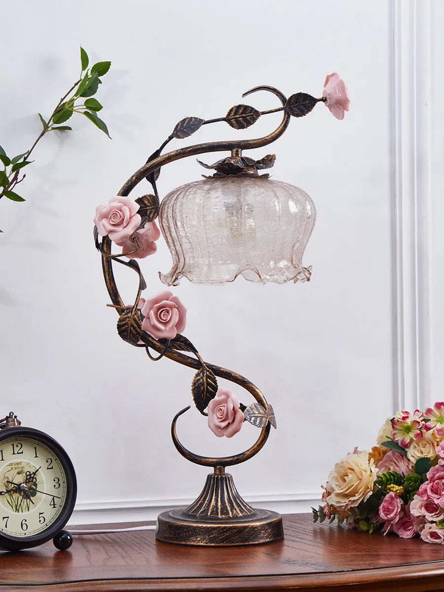 French Medieval Style Art Table Lamp Glass Shade Rose Flower Design Dimmable Living Room Bedroom Bedside Lamp