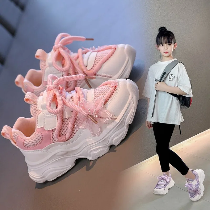 Kids Spring Sneakers Girls School Casual Shoes Outdoor Breathable Running Shoes Light Soft Tenis Pink Non-slip Children Shoes