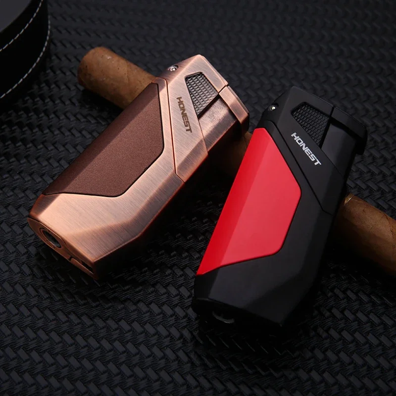 2025 New HONEST Dual Direct Injection Gas Lighter Windproof Strong Blue Flame Metal Turbine High Temperature with Cigar Diamonds