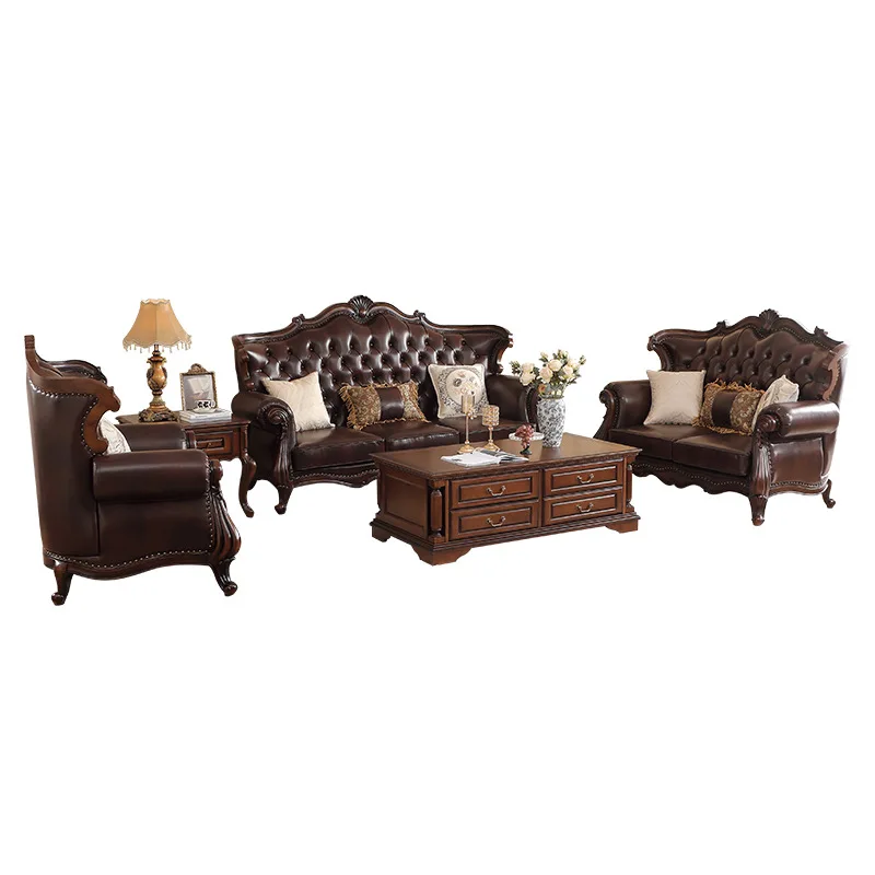 

Leather, sofa, American, retro, solid wood, first layer cowhide, small apartment, living room, furniture