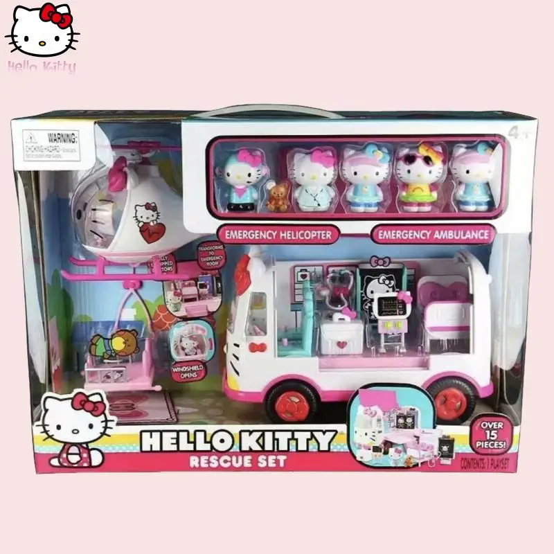 

Hello Kitty Children Original Cartoon Anime Rescue Helicopter Ambulance Toys Ornament Sanrio Girl Holiday Kawaii Fashion Gift