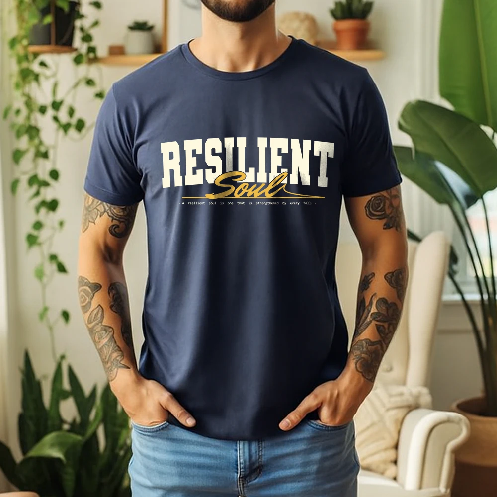New Summer Men's 100% Cotton Short Sleeve T Shirt Inspirational Resilient Soul Slogan Print Breathable Vintage Casual Daily Tees
