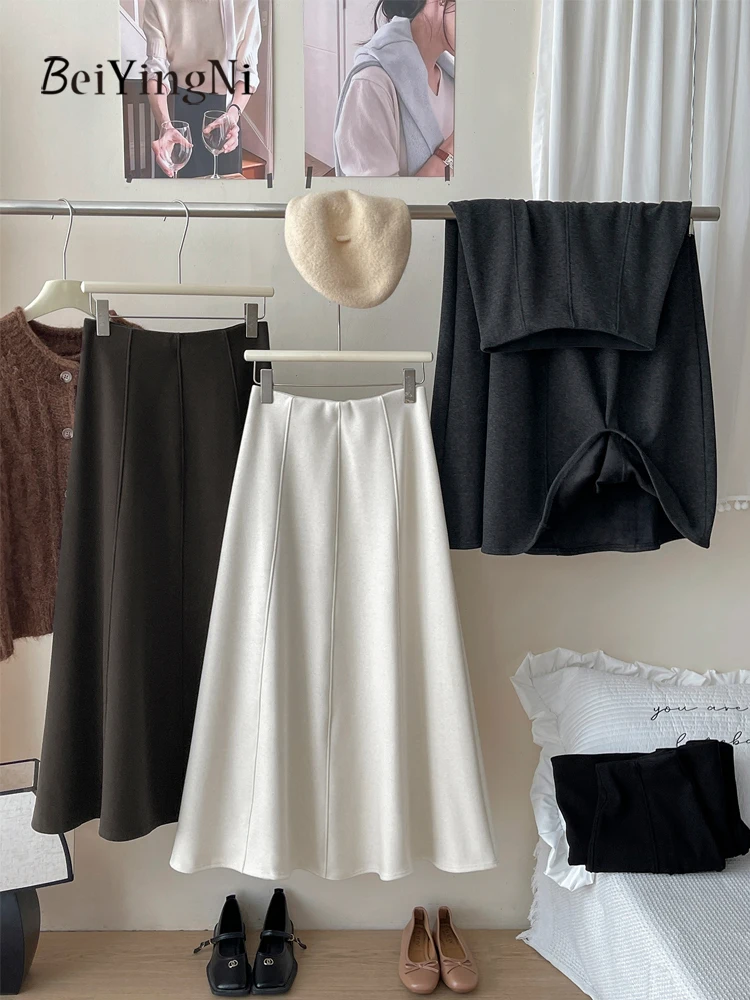Beiyingni الفرنسية خمر الصوف ألف خط ميدي التنانير للنساء عادي المرقعة الكشمير الشتاء تنورة عالية الخصر الإناث الأسود Falda