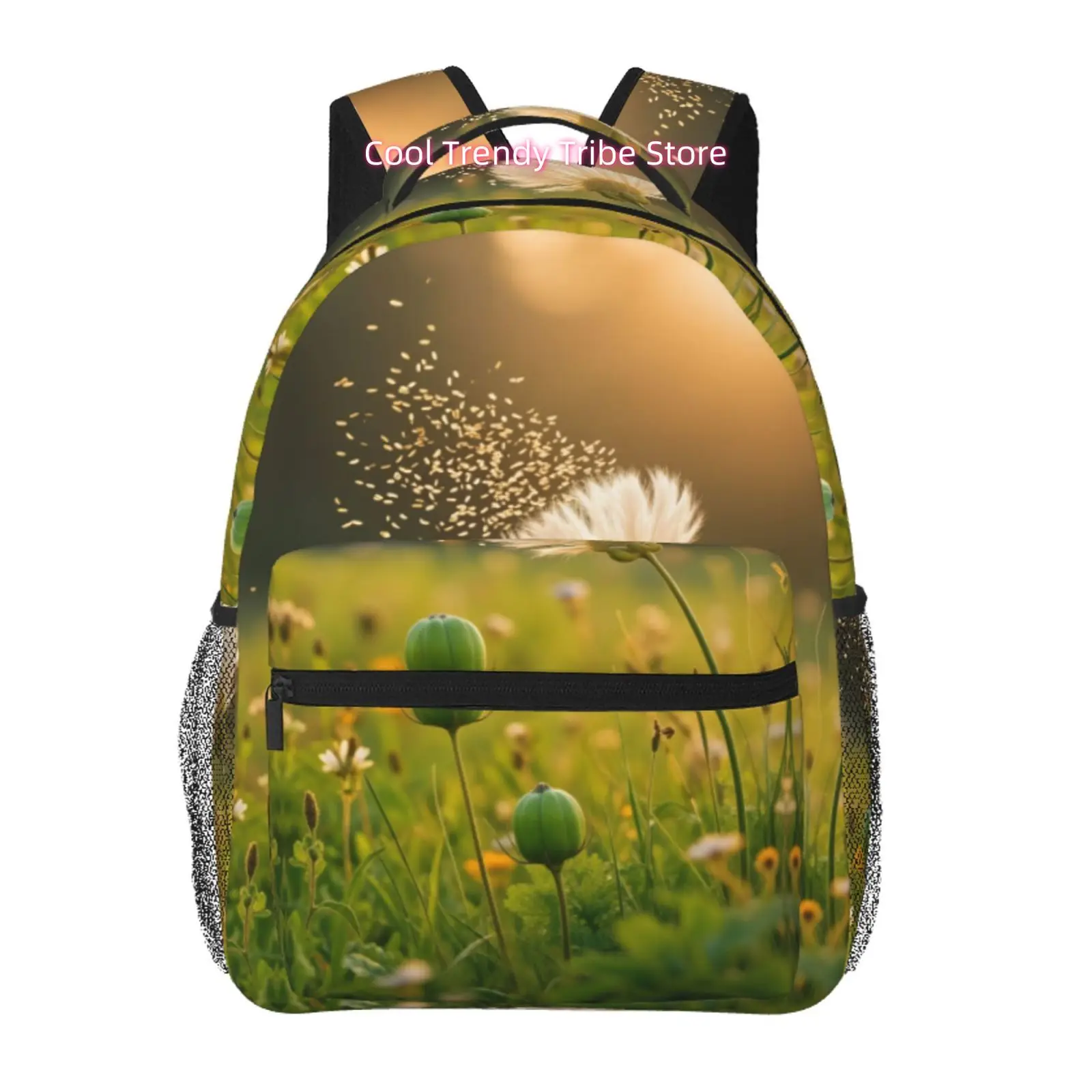 Golden Hour Dandelion Print Backpack - High Quality Oxford Cloth Bookbag with Adjustable Straps & Zipper Closure, Lightweight Da