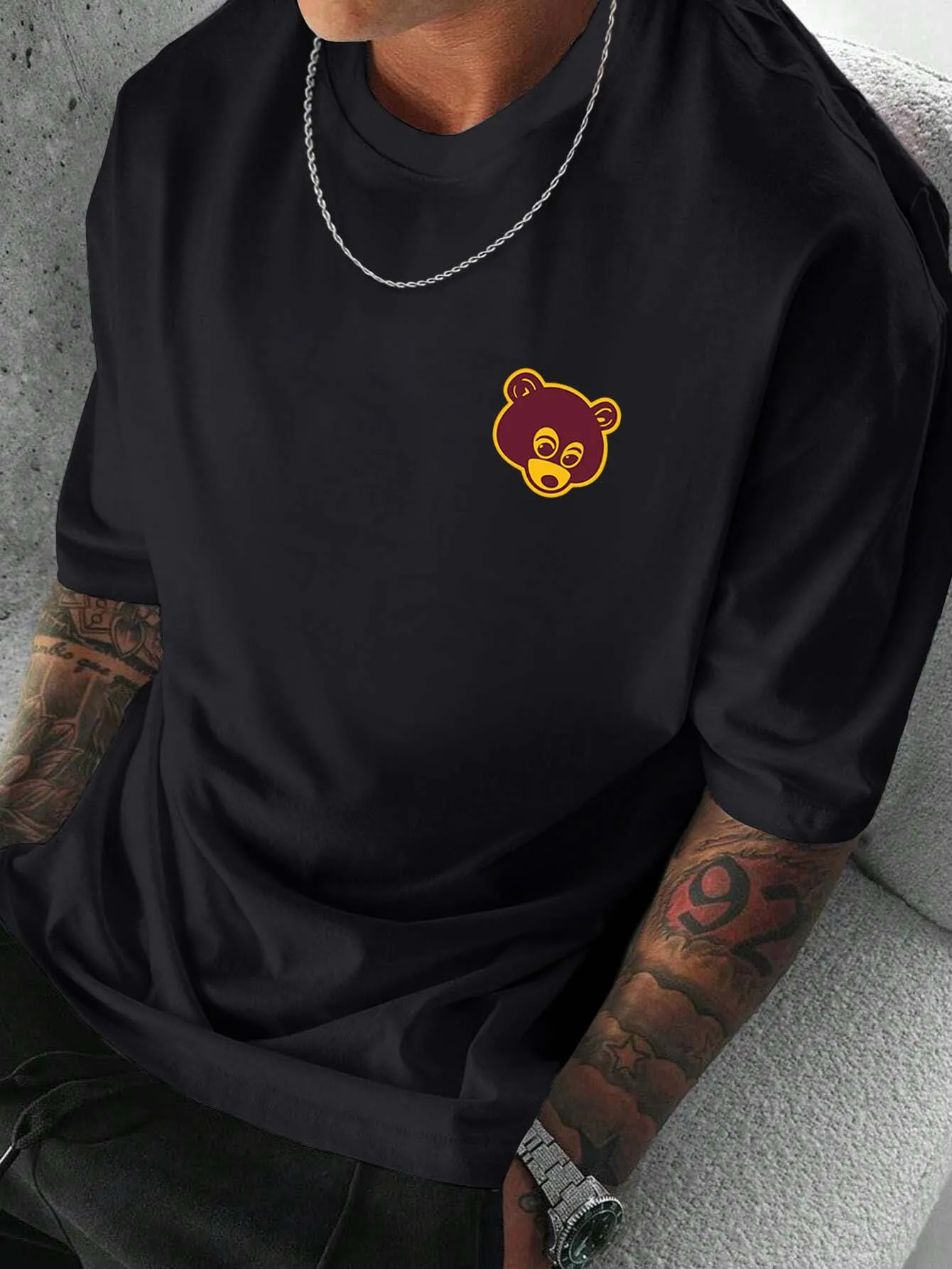 Mens Casual Short Sleeve T Shirt Minimal Bear Chest Print Crew Neck Cotton Tee Loose Hip Hop Street Summer Tops For Adult Guys