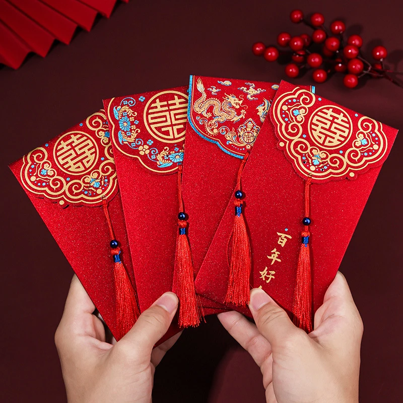 Envelope vermelho chinês tradicional com borla, pacotes de dinheiro da sorte, bênção, presentes de casamento, hongbao, presentes de casamento, 10pcs