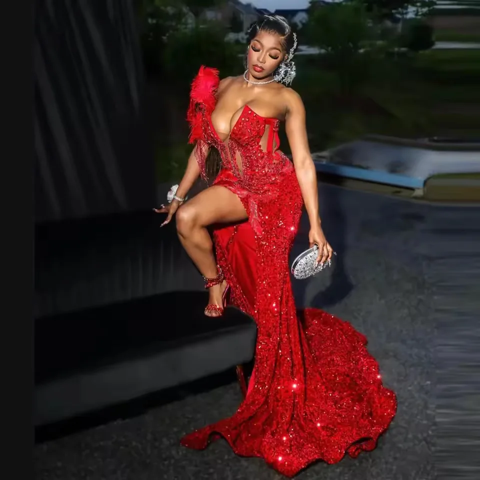

Red Aso Ebi Prom Dresses Luxury Mermaid Beaded with Feathers Sexy High Slit Birthday Dress Formal Occasion Party Evening Gowns