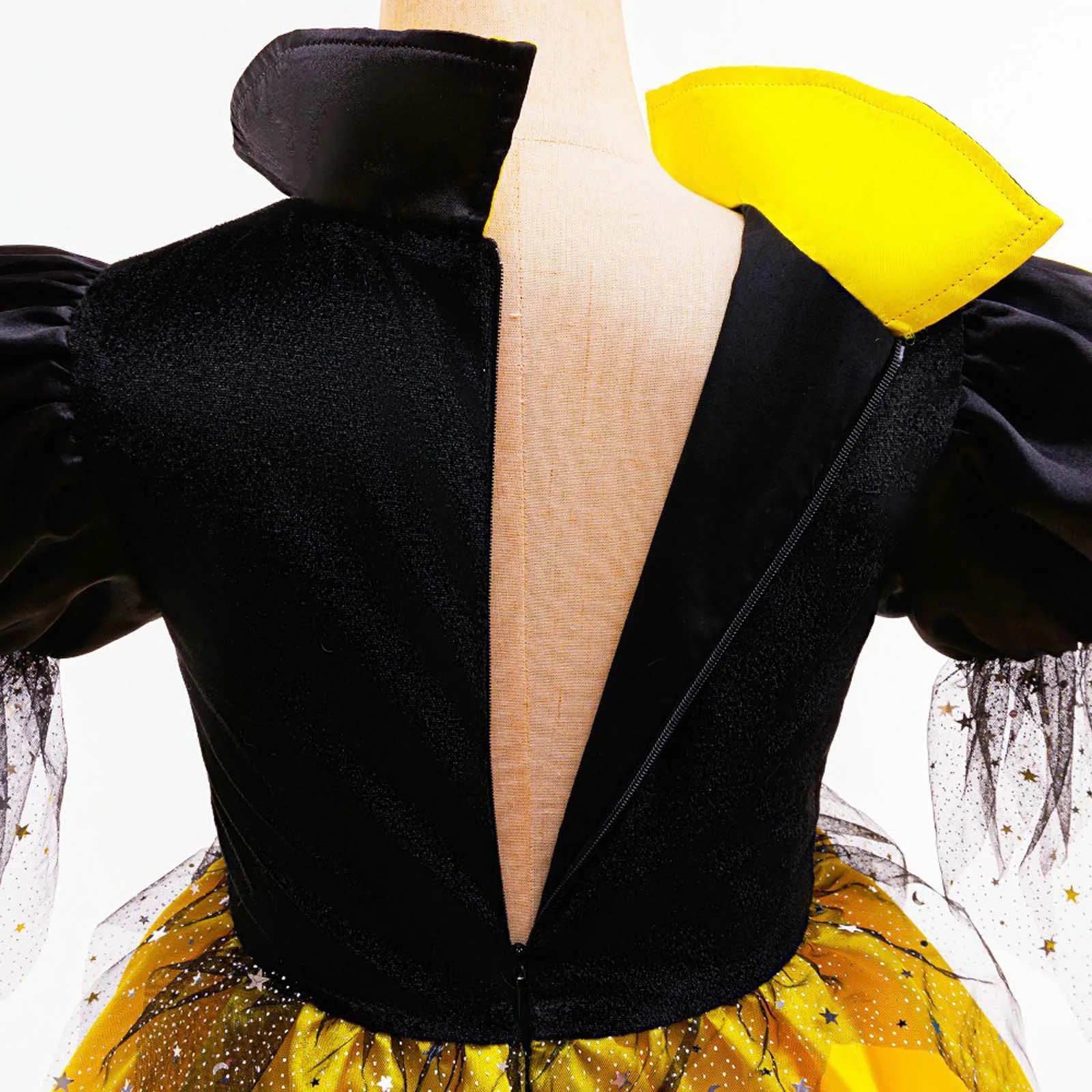 Disfraz de bruja de Halloween para niñas, vestido tutú de malla con lentejuelas y cuello levantado, manga abombada, con bolsa para sombrero, conjunto de mago dulce