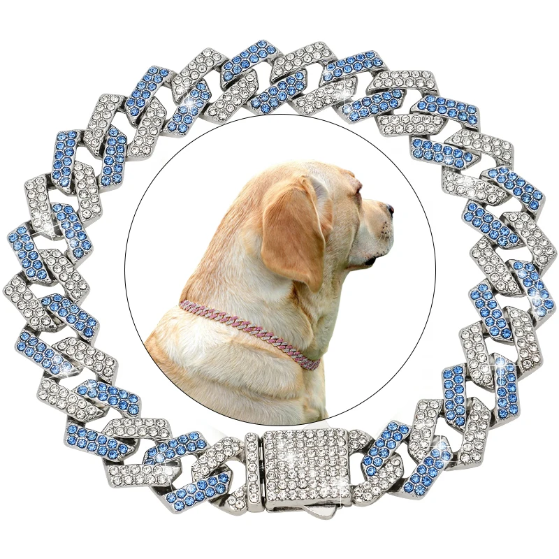 

Pet Cuban Collar Jewelry Diamond Cuban Collar 15MM Walking Metal Chain Collar Accessories for Dogs Cats Chain