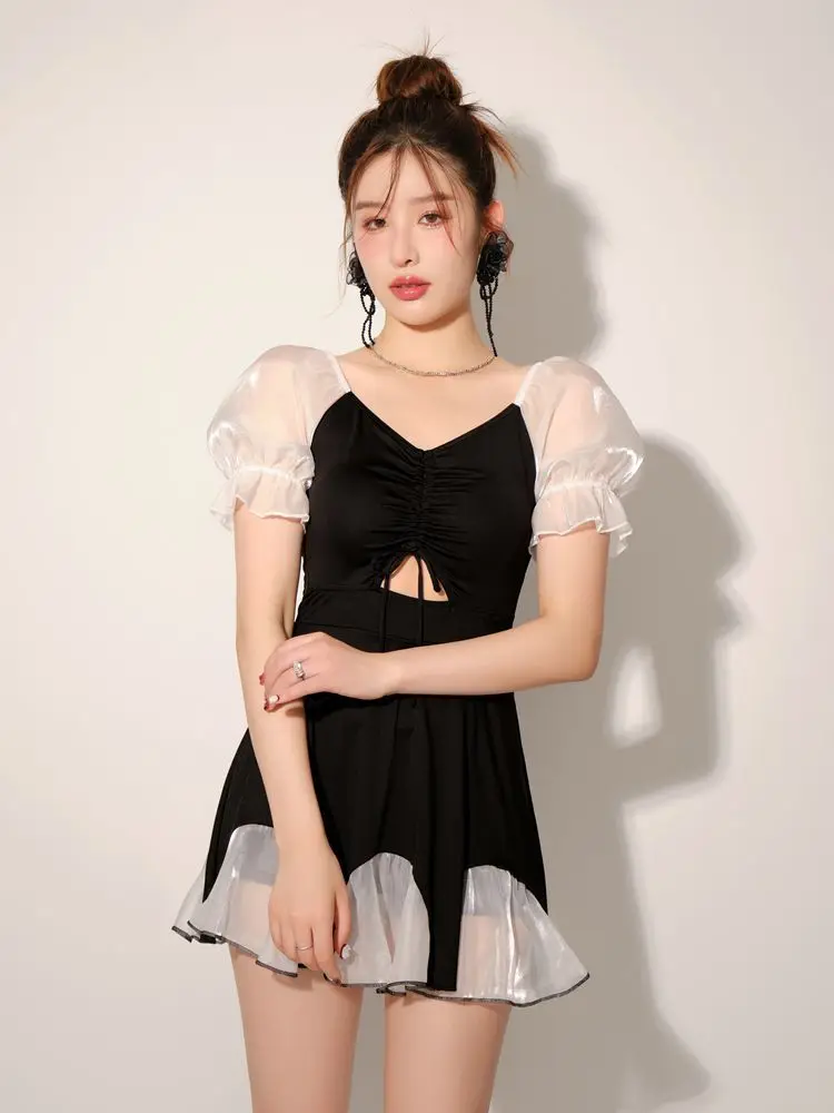 

2023 Korea One-piece Swimsuit Women's Skirt Style Conservative Belly Covering Thin Hot Spring Swimming Suit