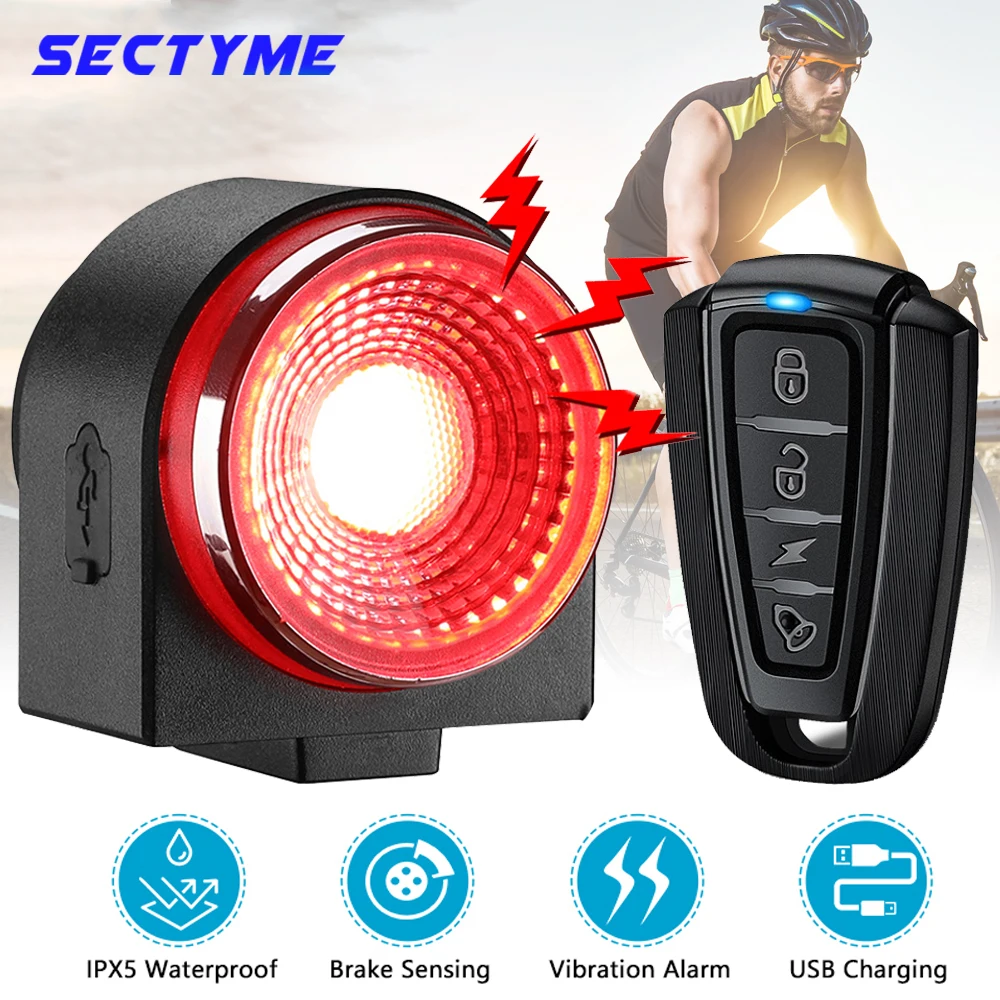 Sectyme A8pro Bicycle Taillight  Alarm  Brake Sensing Light Wireless Remote Control USB Charging Burglar Alarm Bike Rear Lamp