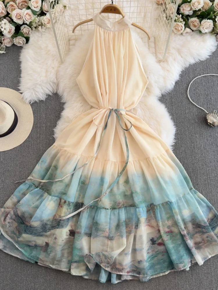 

Women Beach Dress Summer Ink Print Sleeveless Slim A-line Halter Long Dresses Ladies Vintage Chiffon Party Long Robe Vestidos