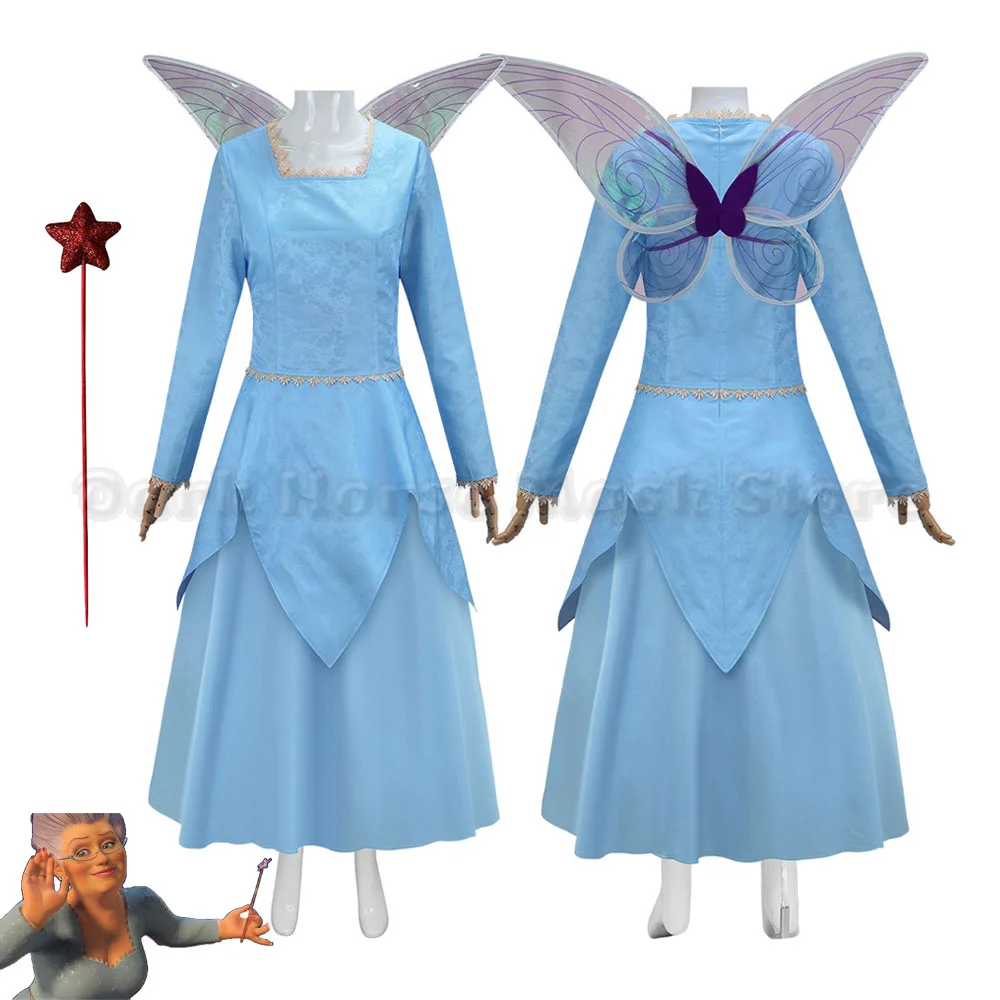 Fairy Godmother Cosplay Costume Dress Wig Lady Roleplay Anime Elf Blue Dress Halloween Stage Performance Outfit for Women