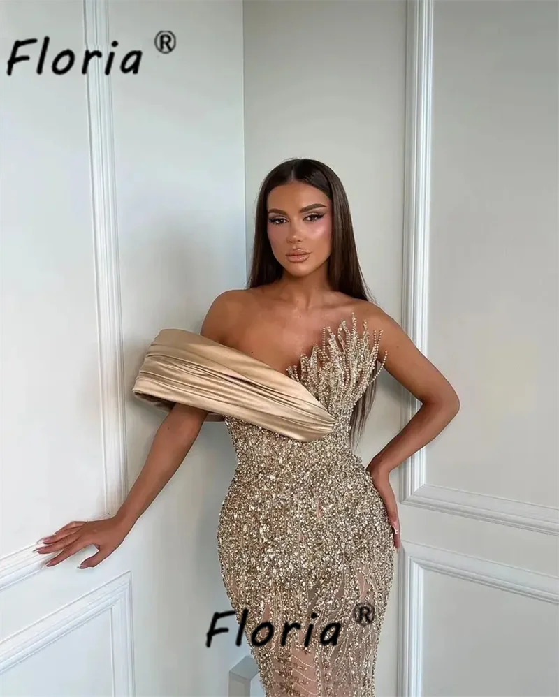 Robe de Soirée de Forme Sirène avec Perles de Dubaï, Tenue Élégante, Champagne, Appliques 3D, Arabe, Bal de Promo Formel, Personnalisée, 123