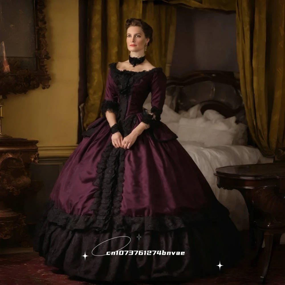 

Ruffled Vintage Victorian Prom Dresses Floor Length Scoop Neckline Half Sleeves Ball Gown Retro Evening Gown Customized