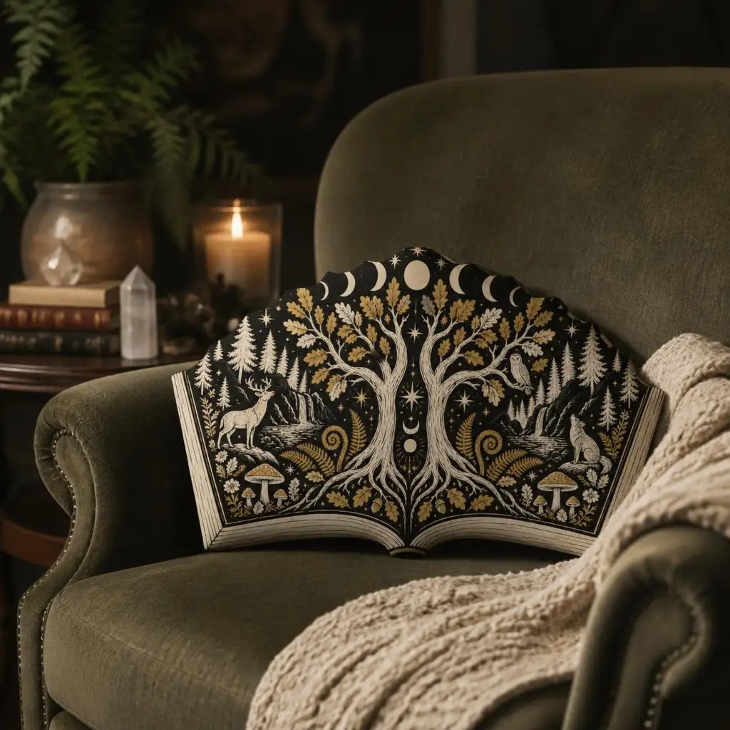Open Book Shaped Throw Pillow Fantasy Woodland Tree Cushion Celestial Moon Stars Cottagecore Home Decor Book Lover Gift