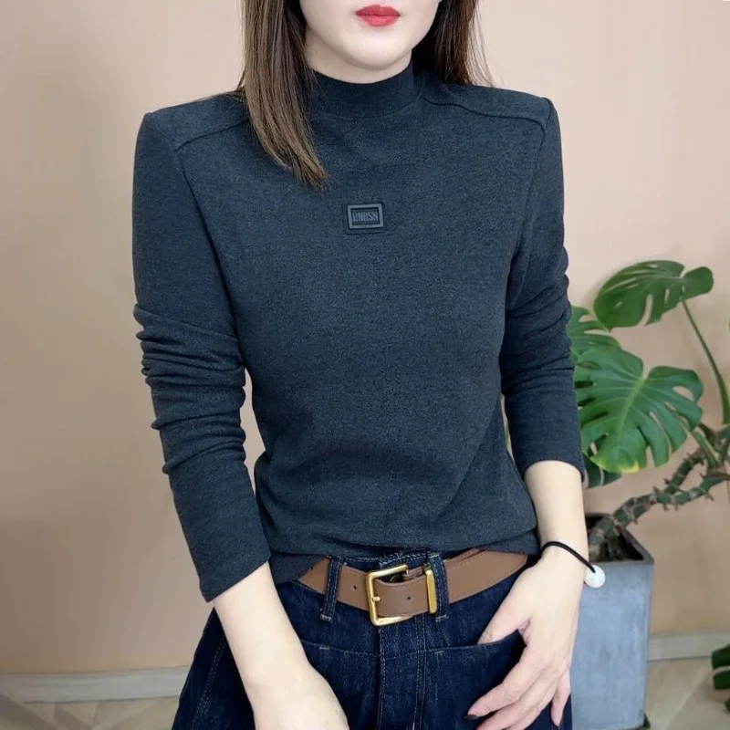 Velvet Thickened Winter Warm Bottom Shirt for Women's Top Half Turtle Neck Temperament Slim and Versatile T-shirt for Women