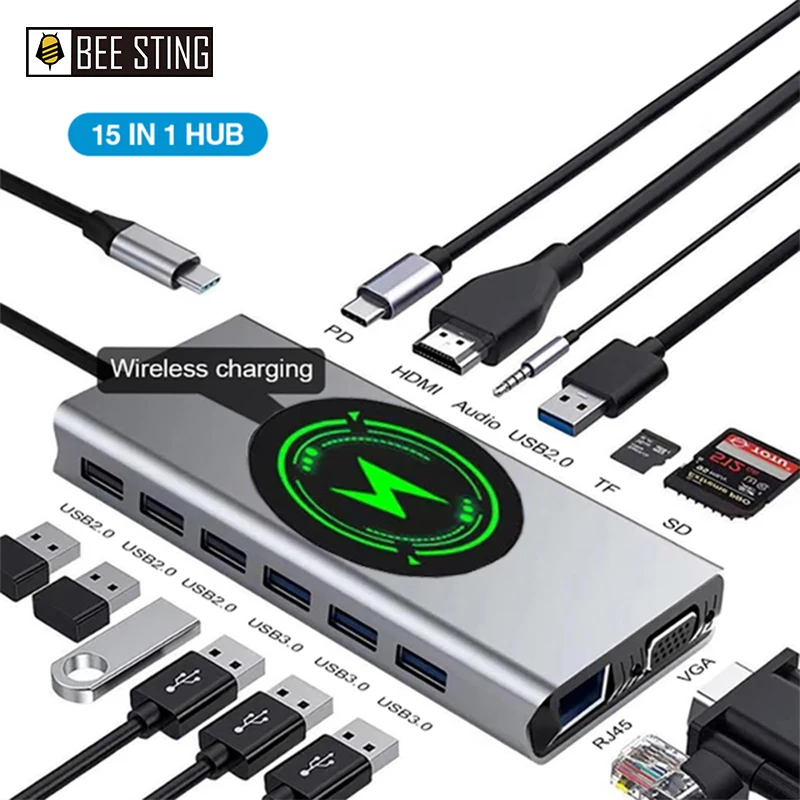 

15 in 1 Docking Station USB Type-C HUB To HDMI-Compatible Wireless Charging USB 3.0 Adapter 4K HDMI VGA RJ45 100W PD SD/TF Dock