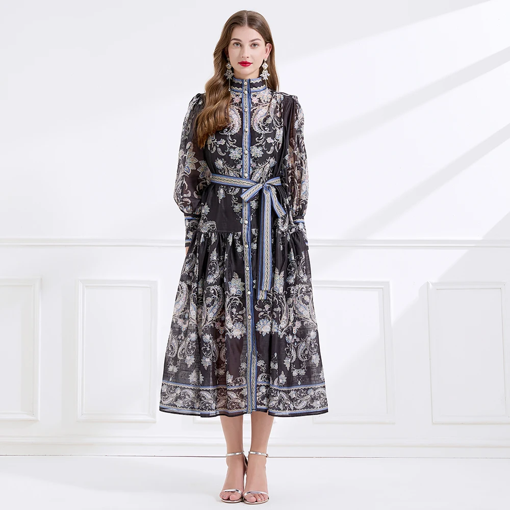 Jesienna Francuska Suknia Wieczorowa w Stylu Retro Królewskiego Dworu Damska Sukienka z Stójką Zapinana na Guziki z Nadrukiem Długa Elegancka Sukienka na Imprezę Formalną