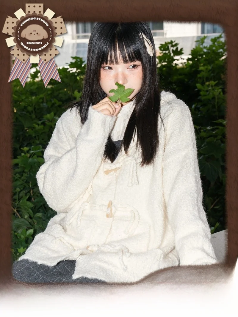 

Pinkdog Studio женский вязаный открытый кардиган с капюшоном Thiened Long Sve на пуговицах с рогом коровы, повседневное осенне-зимнее пальто