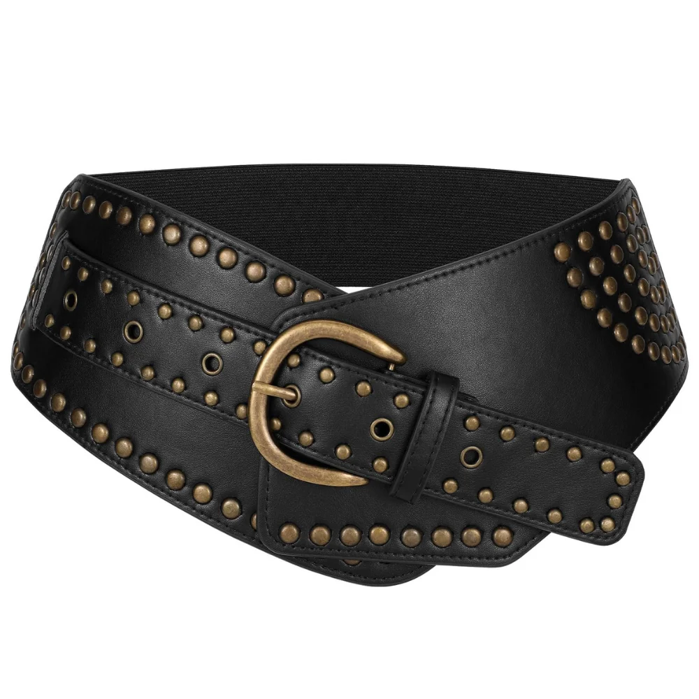 Women Vintage Wide Elastic Belt Rivets Studded Stretchy Waist Belt with Metal Buckle