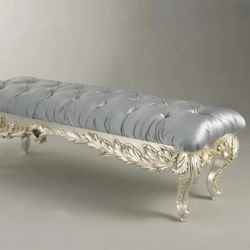 European Traditional Silk Top Comfort Seating Bedroom Bench Simple Bed End Stool for King Size Decor