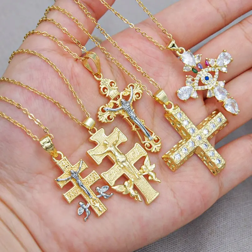 

Copper Cross Crisscross Gold Color Jesus Christian Chain Necklace 18+2inch Jewelry Special Gift