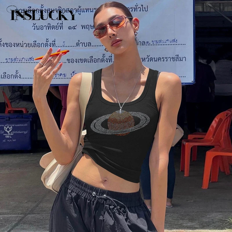 

InsLucky Fashion Diamond O Neck Vest Women Cropped Top Knitting Sleeveless Slim Cami Punk Club Party Aesthetic Streetwear Summer