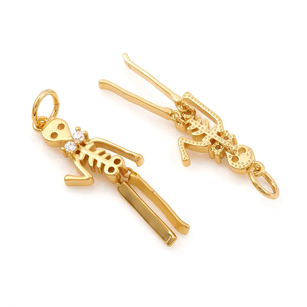 10pcs Gothic Skeleton Skull Charms Brass Zirconia Pendants for Women Long Drop Earrings Making Halloween Jewelry Gift 24x7.5x3mm