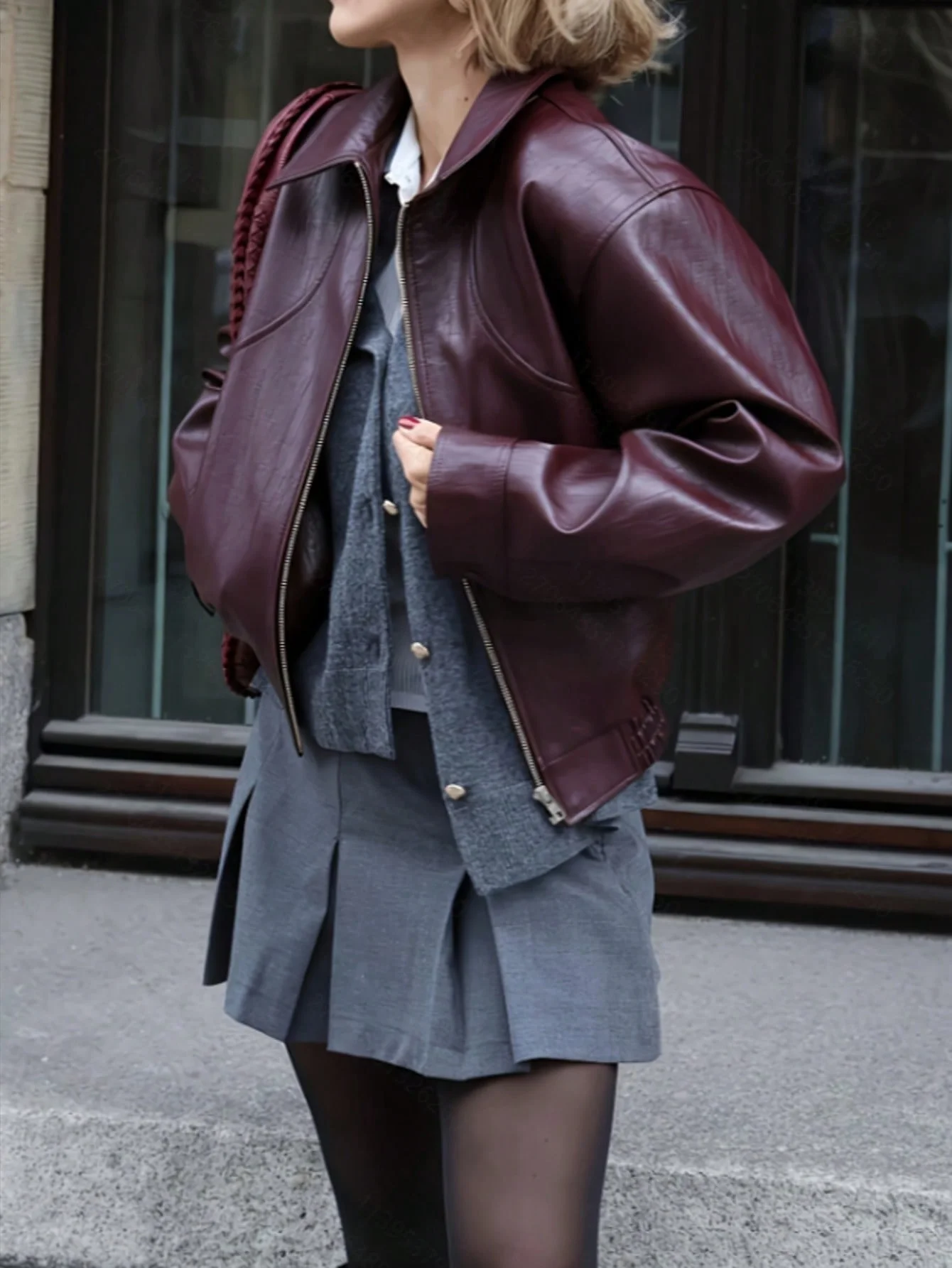 Solid Color Zippered Front Button Pu Leather Jacket, Suitable for Everyday Wear, Evening Dates, and Can Be Worn in All Seasons